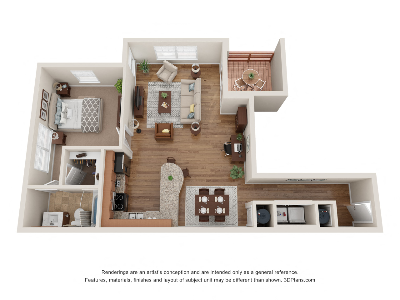 Floor plan for 1 bed, 1 bath, 883 sqft